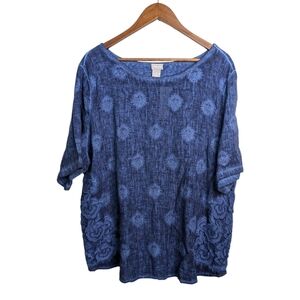 NEW Chico's Linen Embroidered Lace Trim Top XXL 2XL Blue Coastal Boho Relaxed